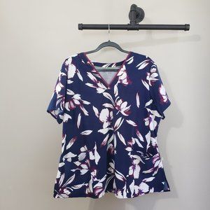 Premiere By Healing Hands Navy Blue Burgundy Wine Floral Scrub Top 2X